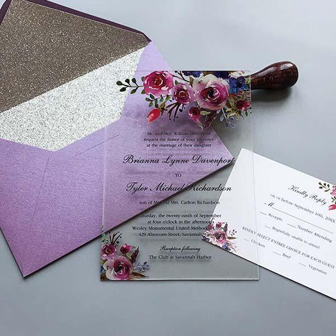 classic fall magenta shades of purple floral clear acrylic wedding invitations CWIA06